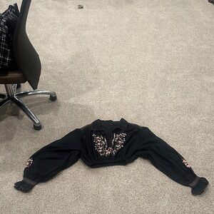 Elegant Black Blouse with Pink Floral Embroidery